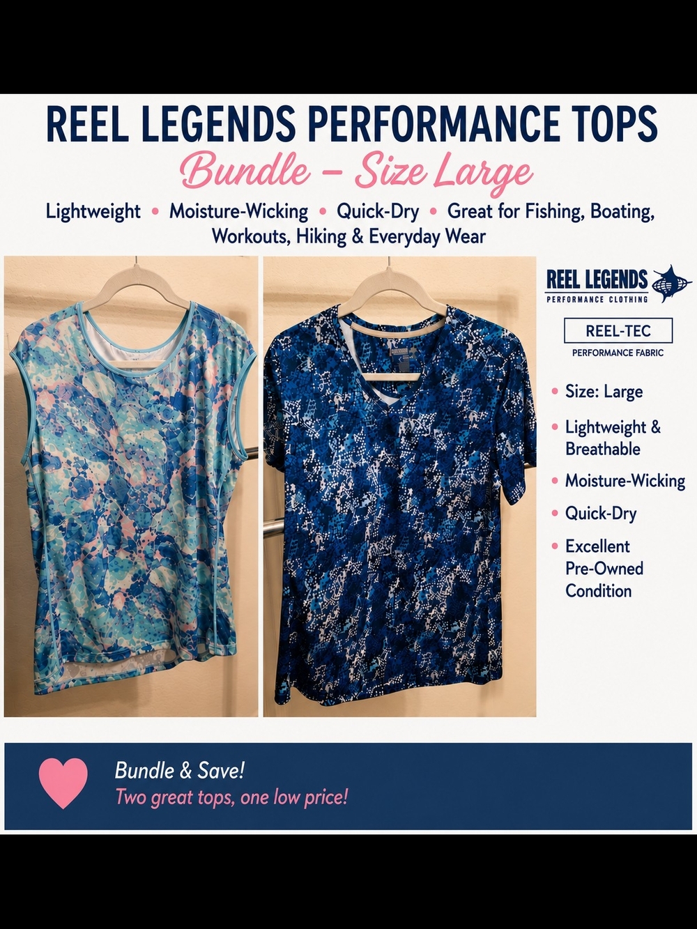 Reel Legends Women’s Performance Tops Bundle - Large - Blue & Light Blue